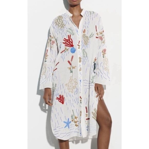Zara The Lagoon Embroidered Sea Life kaftan, small $140 F22 - Picture 1 of 12